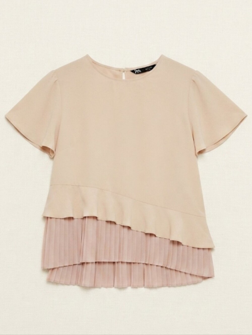 Zara Blush Pink Short Sleeve Top Asymmetrical Ruffle Pleated Size L - Picture 2 of 10